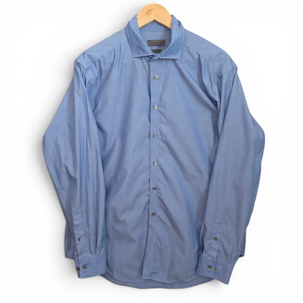 Calvin‎ Klein Dress Shirt Mens 17 34/35 Blue Button Striped Slim Fit No Iron